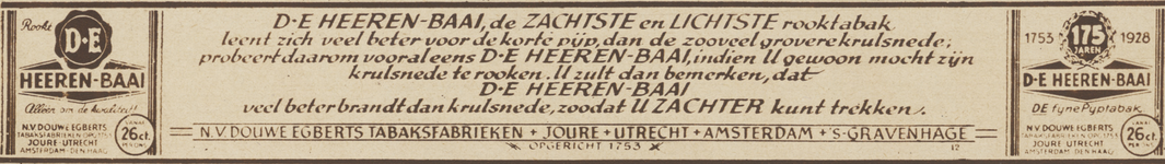 717157 Advertentie van de N.V. Douwe Egberts Tabaksfabrieken, o.a. gevestigd in Joure en in Utrecht (Catharijnekade ...